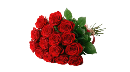 A beautiful bouquet of vibrant red roses elegantly arranged with lush green leaves for a stunning floral display