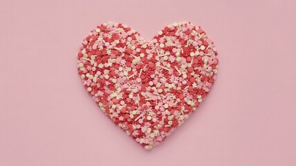 Colorful heart shaped sprinkles on pink background for Valentine's Day