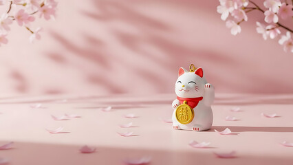 A small white cat figurine with a red collar and gold coin