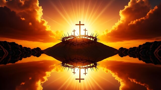 Three crosses on a hill surrounded by a crown of thorns at sunset symbolizing the crucifixion of Jesus Christ with a reflective surface and radiant light.