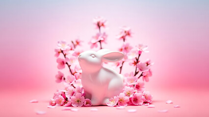 A white rabbit surrounded by pink cherry blossoms in a serene setting