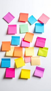 Scattered, colorful square sticky notes on a white plane