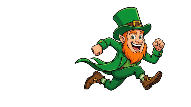 A cheerful leprechaun character with a green outfit and a big smile running energetically with a playful expression