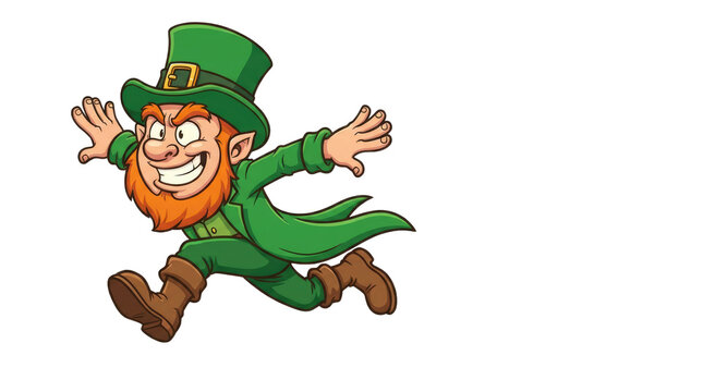 Cheerful leprechaun with a green hat and coat joyfully running with arms outstretched and a big smile on his face, isolated on png