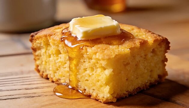 Delicious cornbread with melting butter and dripping honey for breakfast treat cornbread honey, baking, sweet.