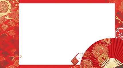 Obraz premium Chinese New Year Decorative Background with Red Floral Pattern, Fan and Copy Space