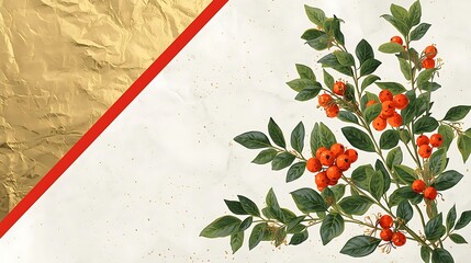 Botanical Winter Berry Branch Illustration with Green Leaves and Minimal Background