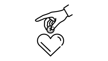 Hand dropping a coin into a heart symbol, representing charity, love, and compassionate giving, isolated white background.