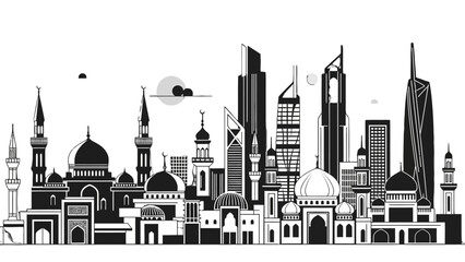 Dynamic city skyline silhouette showcasing the blend of traditional mosques and modern skyscrapers, monochrome.