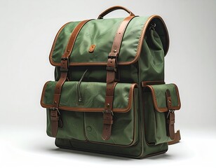 Green backpack with brown leather accents and straps (1)