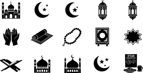 Islamic Culture and Ramadan Kareem Icon Collection - Black Solid Symbols for Religion, Prayer, and Eid Al-Fitr Celebration