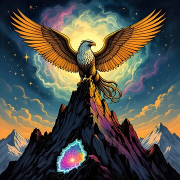 Am epic griffin perching on top of the mountain. 