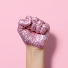 Glittering Pink Fist on Pastel Background