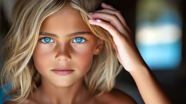 Young child with light hair and blue eyes standing indoors while looking directly at the camera during daytime