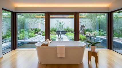 Modern kitchen interior in a luxury house with furniture and wooden elements