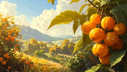 Ripe oranges hanging on tree branch in sunlit orchard with mountain backdrop