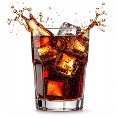 Refreshing brown beverage with splash and ice cubes