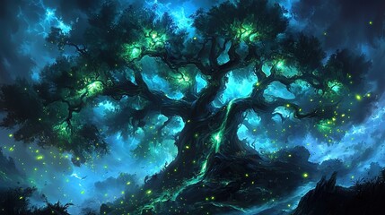 Fototapeta premium Enchanted Glowing Tree in Mysterious Forest with Fireflies