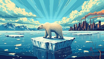 Polar Bear on Melting Ice because  Climate Change and Global Warming Concept, with City Skyline,