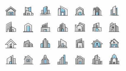 Collection of Minimalist Building Icons for Architecture and Real Estate.