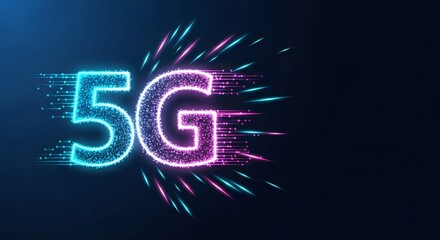 Glowing 5G text with futuristic network effect. High speed internet connection with quick data transfer for modern communication.