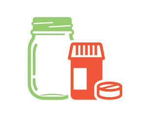 Line art vector icon depicting a mason jar glass container.  Icon of a medicine bottle along with a pill.  Mason jar pot.