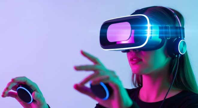 Woman experiencing virtual reality with headset and controller. Immersive technology for gaming, metaverse exploration, and digital world interaction. - Powered by Adobe