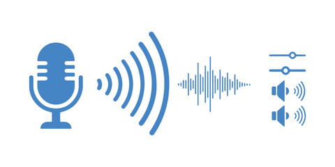 Microphone and soundwave graphics. Volume and acoustics in music. Editable vector design.

