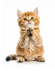 Fototapeta premium A cute, orange kitten sits with paws clasped, looking up