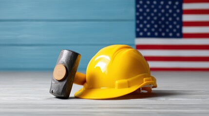 Bright yellow construction helmet resting beside a sturdy black hammer against American flag backdrop