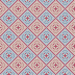 pink, blue abstract flowers of hand drawn squares. pixel ornament. vector seamless pattern. repetitive background. modern decorative art. geometric fabric swatch. textile design. embroidery template