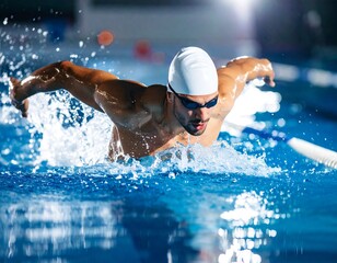 A muscular athlete, clad in goggles and a cap, propels himself through a swimming pool. Water splashes around him, highlighting the exertion