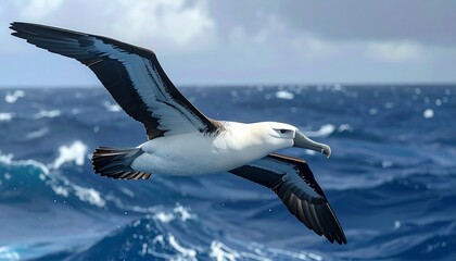 Albatross soaring gracefully over vast ocean waves under cloudy sky