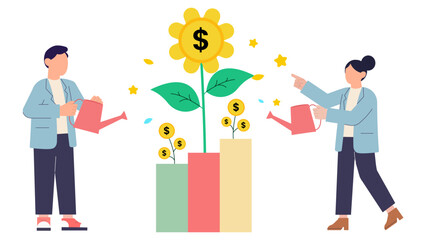 Two individuals watering money trees growing from an ascending bar chart, symbolizing investment and wealth build