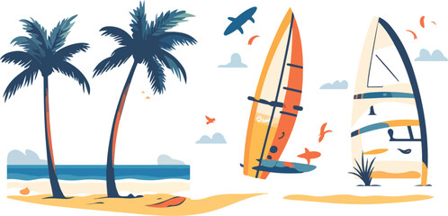 Obraz premium Vector illustration of a tropical paradise beach landscape featuring palm trees and a surfboard on the sand by the blue summer ocean wave under a sunny sky for holiday travel design