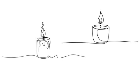 Candle light continuous one line drawing, One line drawing of a candle with flame blending into a swirl, minimalist continuous single line art in black on white, drawing of two burning candles with me © Gerish