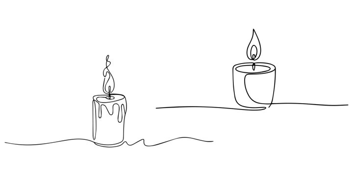 Candle light continuous one line drawing, One line drawing of a candle with flame blending into a swirl, minimalist continuous single line art in black on white, drawing of two burning candles with me