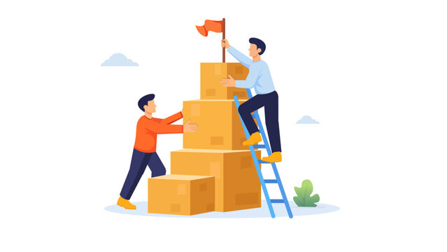 Two people collaborating, building steps to reach a flag at the top of a stack of boxes