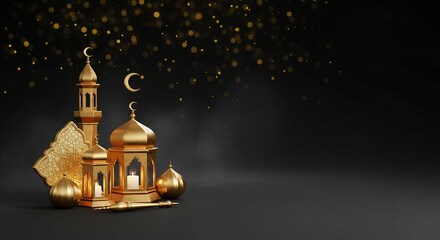 Obraz premium Islamic religious celebration background poster banner flare sparkle, Black Golden Luxury crescent moon with mystical glow Eid Ramadan Background