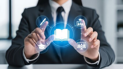 Business professional interacting with digital education icons