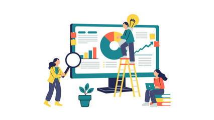 Business team collaborating on data analytics, marketing research, and strategic innovation