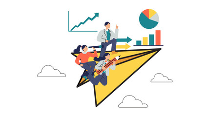 Business team collaborating on a paper plane flying towards financial success and analytics