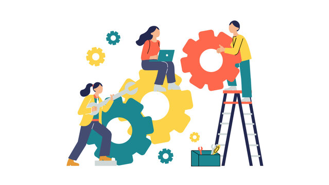 Business people working together to connect gears, symbolizing teamwork and operational efficiency