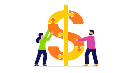 Two business people working together assembling a dollar sign puzzle representing financial success