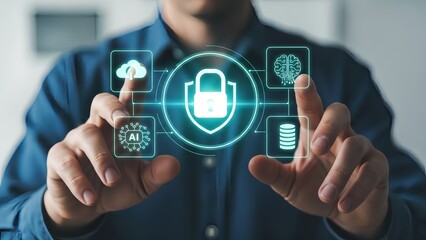 Man interacting with futuristic cybersecurity interface with AI cloud lock