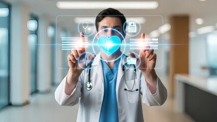 Doctor interacting with futuristic medical interface in hospital