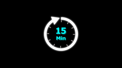15 Min clock icon illustration. 15 minute illustration on black background and creating a stunning 4k illustration.