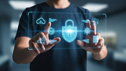 Person interacting with futuristic cybersecurity interface with shield icon