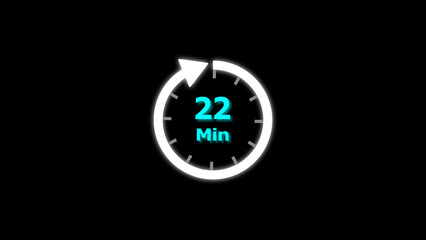 22 Min clock icon illustration. 22 minute illustration on black background and creating a stunning 4k illustration.