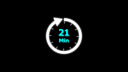 21 Min clock icon illustration. 21 minute illustration on black background and creating a stunning 4k illustration.